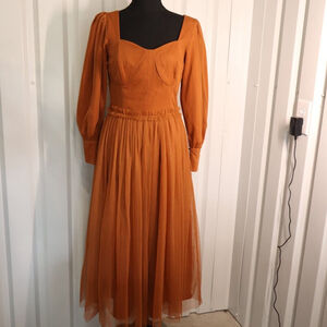 Ivy City Co Womens Florence Tulle Overlay Long Sleeve Dress in Rust Size Small